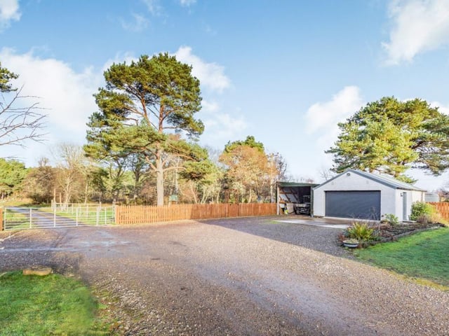 Parking area with detached garage and carport.