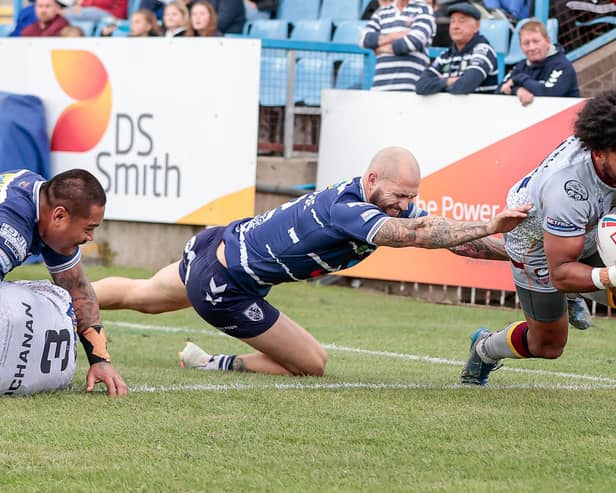 Johnny Campbell in try scoring action in his Batley Bulldogs days, diving over the line in the big Championship play-off semi-final at Featherstone Rovers. Picture: Neville Wright