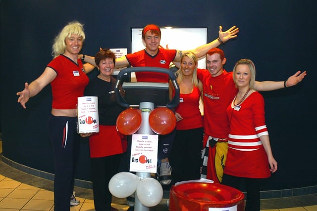 Chris Stanley (on bike) with Matthew Sykes, Jenny Cundill, Amy Carbutt, Johnny Warner and Laura Loveday raising money for Comic Relief at JJB Gym in 2007