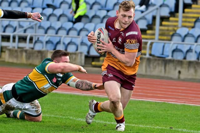 Joe Burton charged over for a try in Batley Bulldogs' narrow loss to his former club Hunslet. Picture: Paul Butterfield