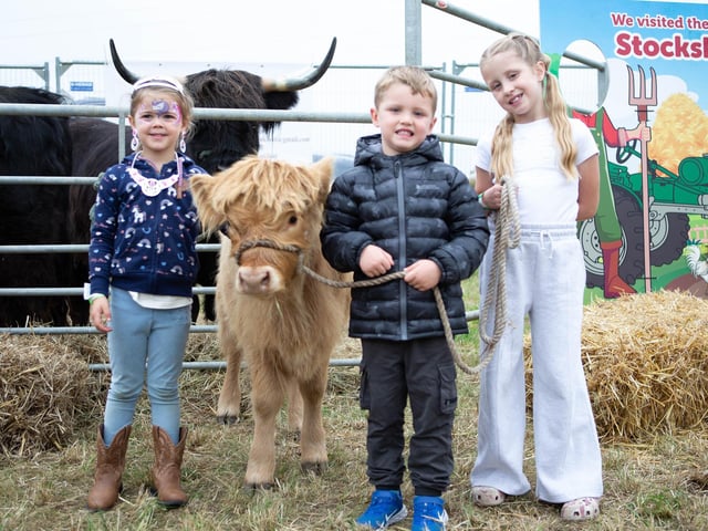 Renae, Hughie and Grace with a Hairy Coo calf at Mirfield Farm Fest.