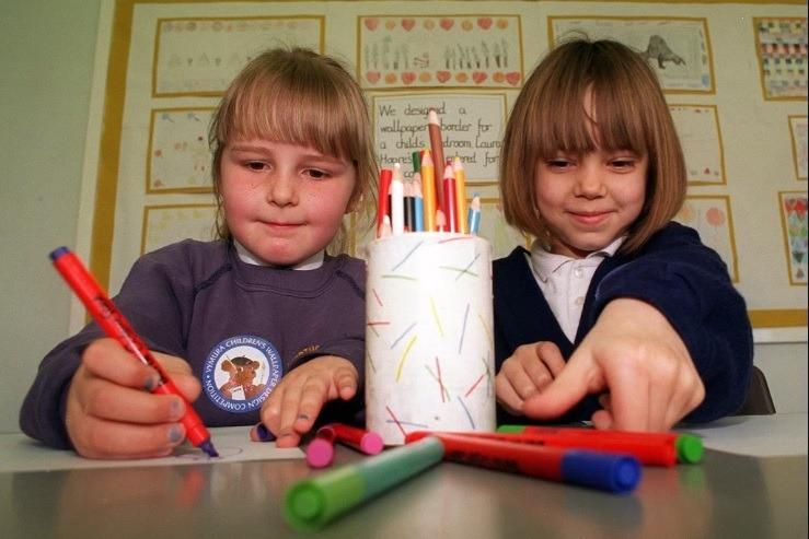 Laura Hoare, left, and Kerrie Speight, both seven, of Overthorpe C of E School, Thornhill, who have had designs entered for a competition to find a wallpaper for a hospital children's ward.