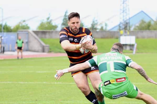Matt Garside, seen in action here against Hunslet, will be unavailable for Dewsbury Rams in their crucial home game with Workington Town on Sunday. (Photo credit: Thomas Fynn)