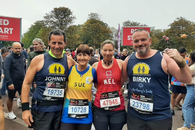 Chris Birkenshaw (far right), director at Go Be Runners, who completed the London Marathon in October with three other members, says he is "absolutely over the moon" for Penny North who has finally be drawn to run in the iconic race in April 2023.