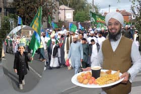 Famous Muslim poet Imam Mohammad Yasir Athari holding a tray of Indian Mithai sweets during this year's procession in Heckmondwike.