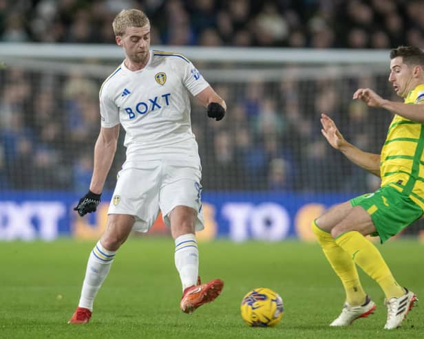 Leeds United goal scorer Patrick Bamford takes on the Norwich defence.