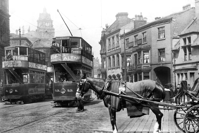 Trams at Dewsbury Market Place.
