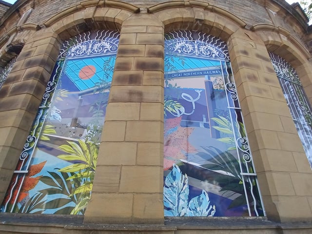Brightly coloured botanical motifs at the Cliffe Street Mural.