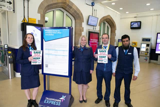Concerned staff at Dewsbury Train Station have set up a campaign group to fight the proposed closure of the ticket office. Pictured are, from the left, Laura Dittrich, Donna Jasiewicz, Chris Blackburn and Ilyas Hans