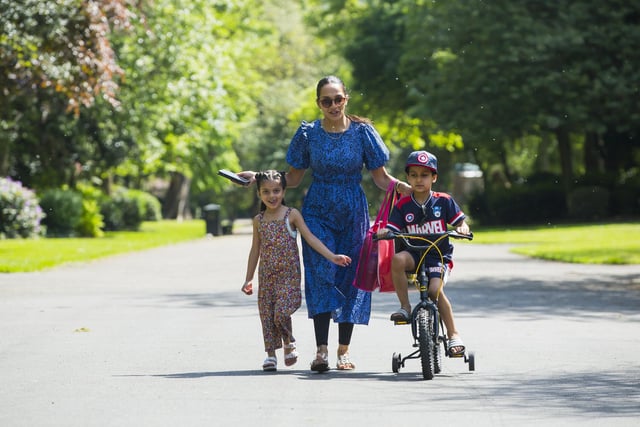 Temperatures peaked at 25.9C in some parts of the country, according to the Met Office, on Saturday. Pictured here are Inaaya, four, Aneesa and Usayd, six.