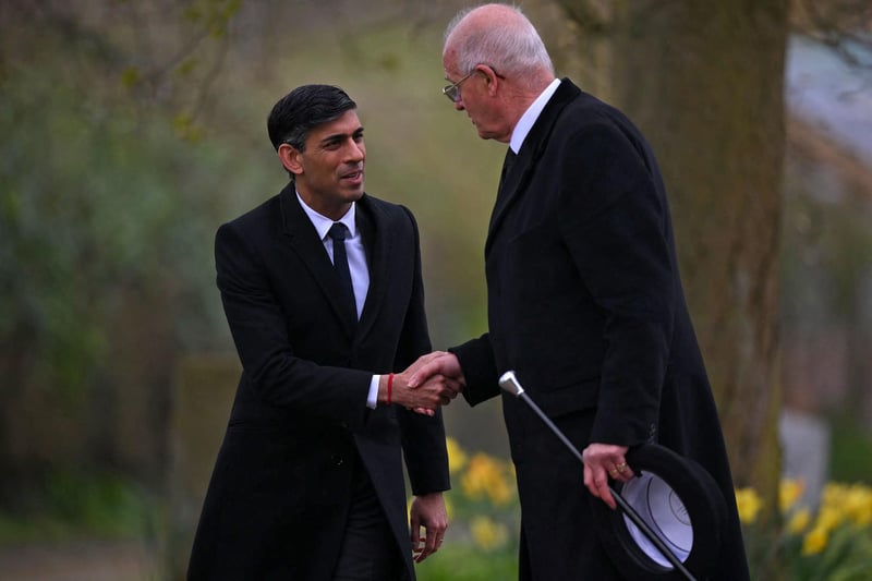 Prime Minister Rishi Sunak arrives to attend the funeral of former Speaker of the House of Commons, Betty Boothroyd, at St George's Church in Thriplow, near Cambridge