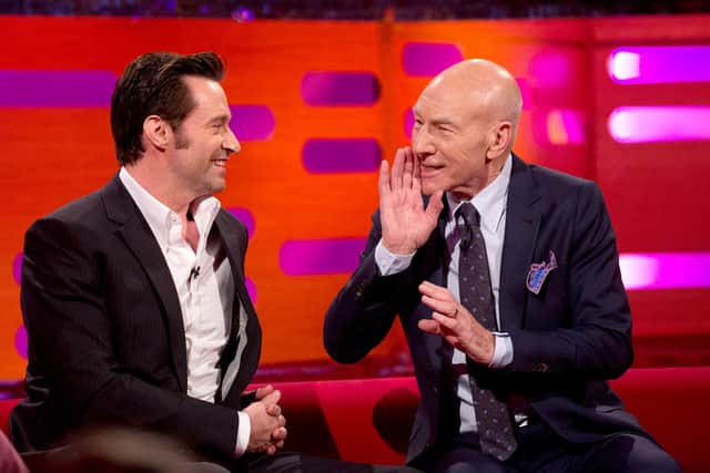 Hugh Jackman and Patrick Stewart during filming of the Graham Norton Show at The London Studios. Photo: Isabel Infantes/Press Association.