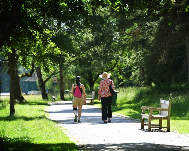 Walkers try to stay cool in the summer heatwave.