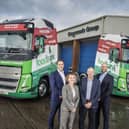 Members of the Crossroads team with the Hauliers Against Hunger campaign trucks. L to R: Gareth Legg (Managing Director), Jayne Bulpitt (Finance Director), Keith Ottley (Sales Director) and Justin Rushton (Operations Director).
