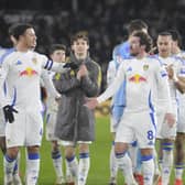 Leeds United players celebrate at the end of their win over Sunderland.