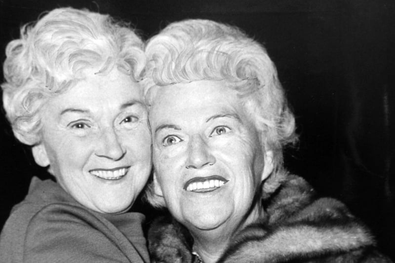 Miss Gracie Fields, right, is greeted by her sister Mrs. Edith Wakefield, upon her arrival in Leeds. Gracie Fields opened in cabaret at the Batley Variety Club in November 1968.