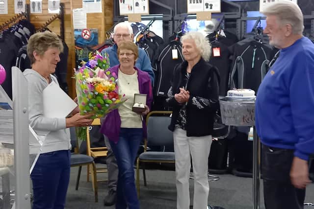 Presentation at Robin Hood Watersports for long-serving members of staff Denise Booth and Denise Ligo. From left to right: Denise Ligo, Denise Booth, Barbara and Bob Findlow.