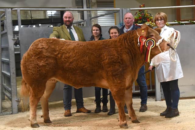 Jennifer Hyslop holds the family’s prime cattle reserve supreme champion and top price at Skipton’s annual Christmas show, joined by, from left, co-judge and buyer Charles Haigh, of Haigh’s Farm Shop, and 12-year-old daughter Bea, and co-judge Phil Gregory and daughter
