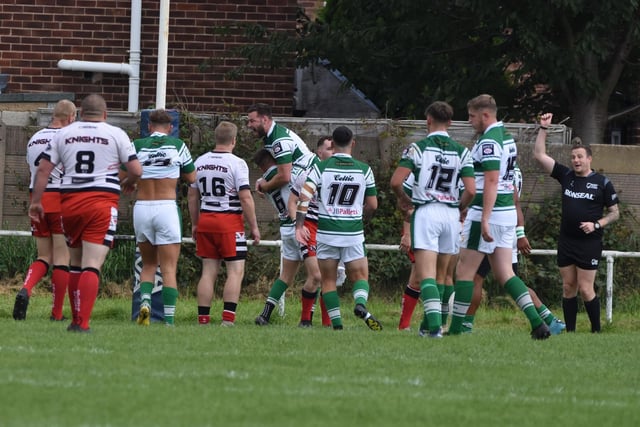 Dewsbury Celtic glee as they celebrate scoring a try.