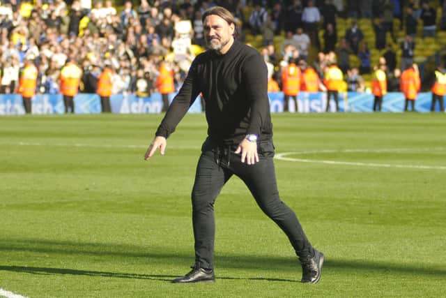 Manager Daniel Farke celebrates after his side's victory over Wolves.