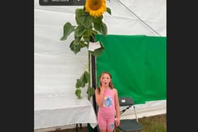 Mabel and her giant sunflower at the 2025 Mirfield Show.