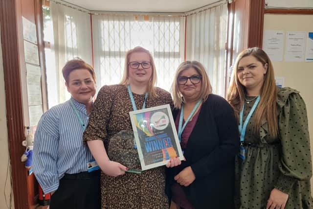 The Abhi Rose Home Care team. From left to right: Clair Byrne, registered manager; Becky Smith, lead care co-ordinator with her awards; Anita Burman, owner; and Danielle Riggs.