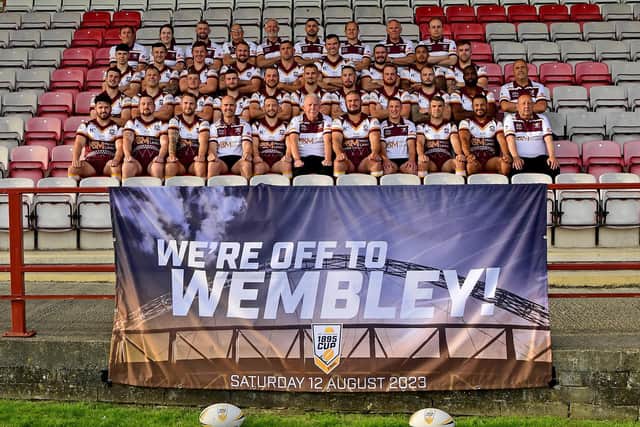 Batley Bulldogs' players and coaching staff ready for their first ever trip to Wembley. Photo: Paul Butterfield