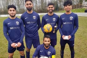 Mount Pleasant captain Faheem Mira (front) and his team's goal scorers in their 7-0 win over Flockton FC (from left) Abdul Rehman, Ismail Loonat, Abdullah Mayat and Yasen Katharada.