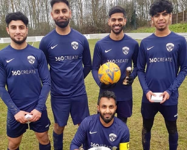 Mount Pleasant captain Faheem Mira (front) and his team's goal scorers in their 7-0 win over Flockton FC (from left) Abdul Rehman, Ismail Loonat, Abdullah Mayat and Yasen Katharada.
