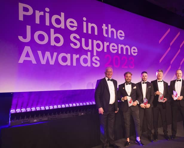 All the winners from the Pride in the Job awards with NHBC CEO, Steve Wood. From left to right: Steve Wood (NHBC CEO), Ryan Lewis (CALA Homes Cotswolds), Cathal Brannigan (Alskea Ltd), Nigel Smith (Darren Smith Builders Ltd of Mirfield), Nigel James-Walsh (Berkeley Homes South East London Ltd) and Aaron Parradine (Wickford Development Co Ltd).