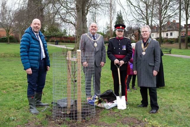 Tree planting ceremony to commemorate the Coronation of His Majesty King Charles III at Ings Grove park, Mirfield. Pictured are Mark Eastwood MP, Mayor of Mirfield Martyn Connell, Deputy Lieutenant Kevin Sharp and Stephen Durrens president of the Mirfield Rotary Club.