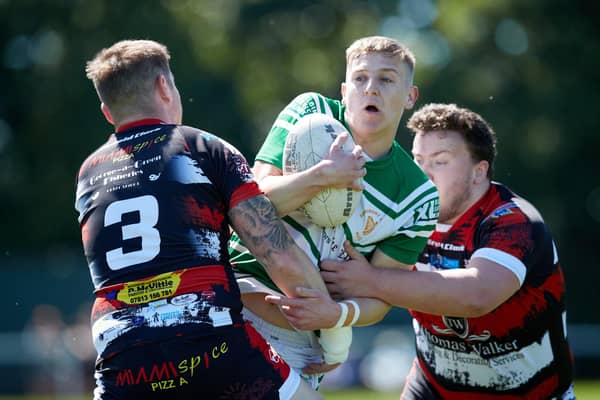 Harry Copley (centre, ball in hand) has rejoined Dewsbury Rams from Dewsbury Celtic after a short spell in 2022. (Photo John Clifton).