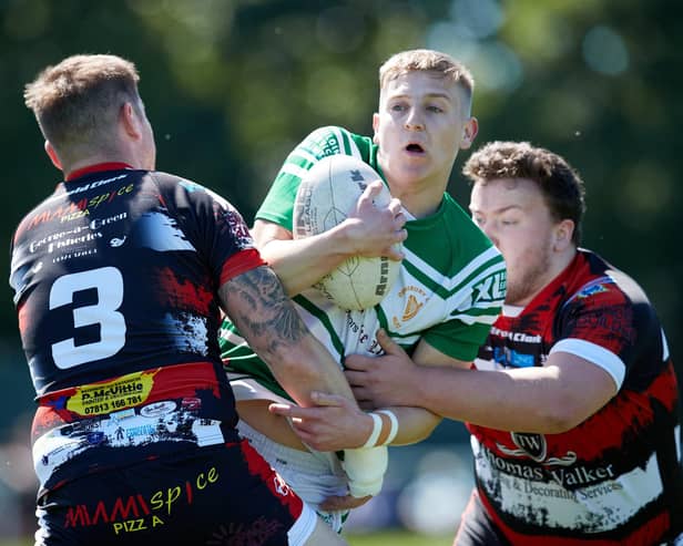 Harry Copley (centre, ball in hand) has rejoined Dewsbury Rams from Dewsbury Celtic after a short spell in 2022. (Photo John Clifton).