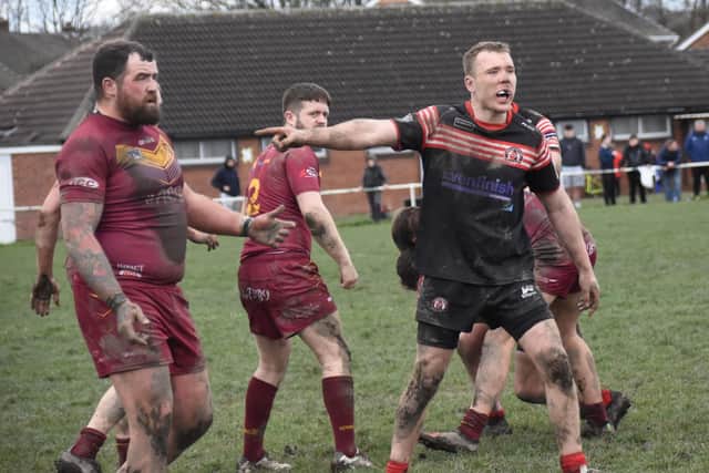 James Samme (left) scored a last minute try to clinch victory for Dewsbury Maroons in a classic game with Woolston Rovers. Picture: Rob Hare