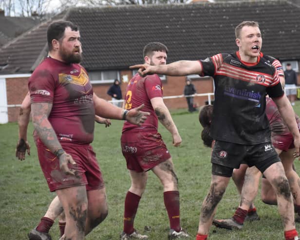 James Samme (left) scored a last minute try to clinch victory for Dewsbury Maroons in a classic game with Woolston Rovers. Picture: Rob Hare
