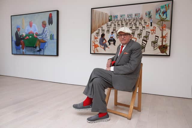 Bradford artist David Hockney sits in front of a works entitled 'Sparer Chairs' during the launch of his exhibition 'Paintings and Photography' at the Annely Juda fine art gallery on May 14, 2015 in London, England. Photo by Dan Kitwood/Getty Images