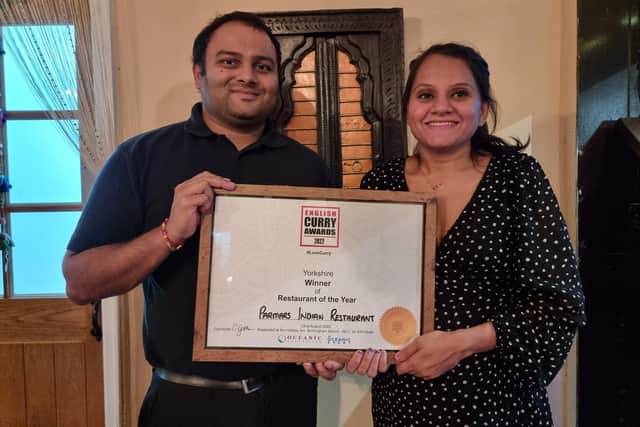 Dilesh and Rushika Parmar with their Restaurant of the Year for Yorkshire 2022 award.