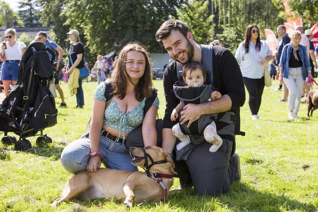 From the left, Amy Eggett, Jonathan Higgott and Freya Higgott, one, with Scout the dog