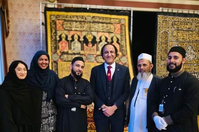 Coun Yusra Hussain, Coun Habiban Zaman, Hafiz Mohammed Yusuf, Coun Masood Ahmed, Sheikh Mohammed Ilyas, and Hafiz Mohammed Omar at the exhibition at Batley Town Hall