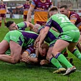 Brandon Moore, pictured scoring a try against Castleford Tigers in the Challenge Cup, returns to The Shay on Sunday with Batley Bulldogs to face his old club Halifax Panthers. Photo by Paul Butterfield.
