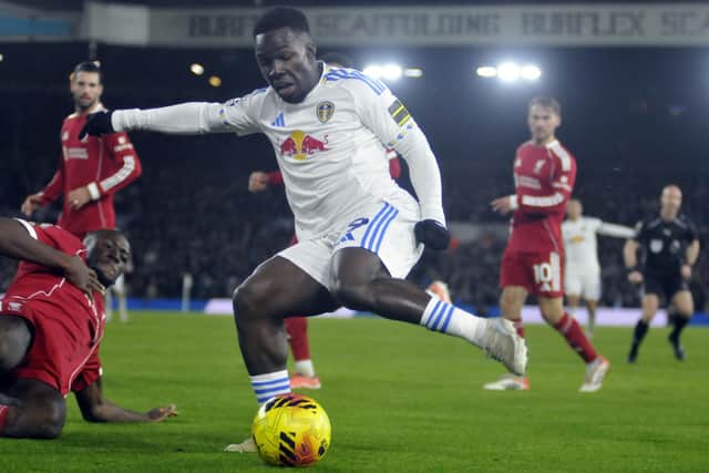 Willy Gnonto takes on Liverpool defender Ibrahima Konate on the way to winning a penalty for Leeds United.