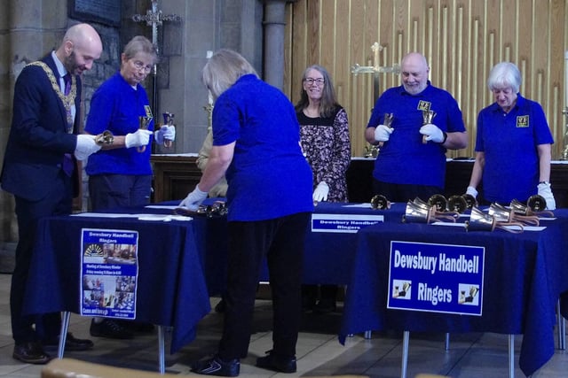 The Mayor of Kirklees, Coun Cahal Burke, visited Dewsbury Minster on Friday, October 13, to take part in a handbells practice session.