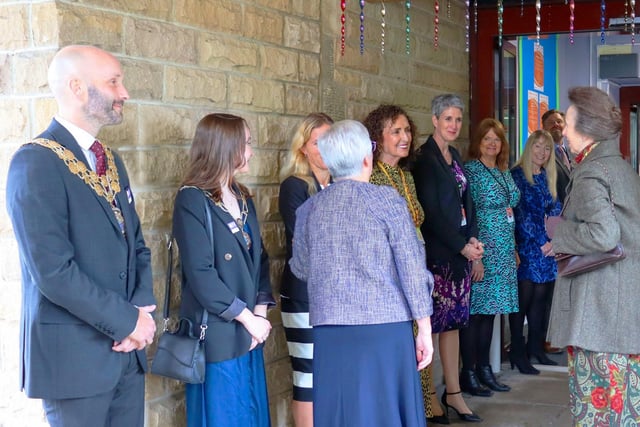 Princess Allen arrives at Hollybank Trust greeted by local dignitaries including the Mayor of Kirklees, Cahal Burke, and MP for Batley and Spen, Kim Leadbeater.
