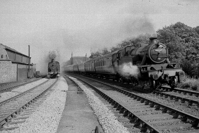 York - Bradford train No. 40169 Class 3MT 2-6-2T overtaking a local from Leeds to Ilkley hwSWS VY 2-4-2T No, 50616. June 24, 1952