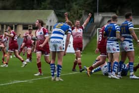 Swinton celebrate after defeating Halifax Panthers at The Shay. (Photo by Simon Hall)