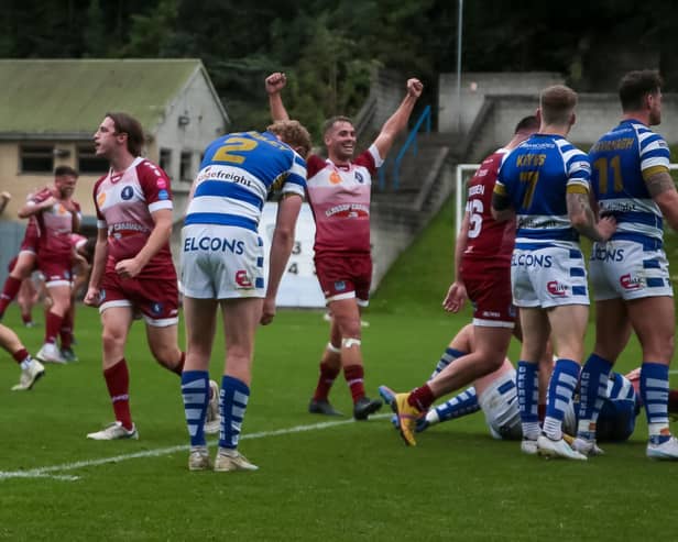 Swinton celebrate after defeating Halifax Panthers at The Shay. (Photo by Simon Hall)