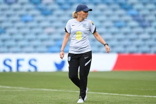Sarina Wiegman, England's manager, looks on during a recent England Women training session at Elland Road, Leeds, England. (Photo Michael Regan/Getty Images)
