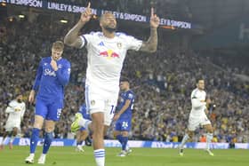 Lucas Nmecha celebrates his winning goal for Leeds United against Everton.
