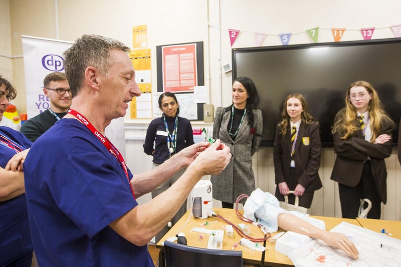 Steve Burns does a canular demonstration at the Careers in Surgery event at Heckmondwike Grammar School.