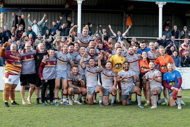 The Batley Bulldogs team celebrates at the end of their play-off game with Barrow Raiders. Picture: Neville Wright